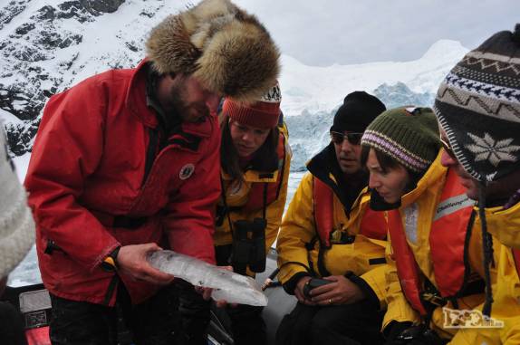 Nosso guia nos ensina os segredos contados pelo gelo que flutua na baía de Point Wild, em Elephant island, na Antártida